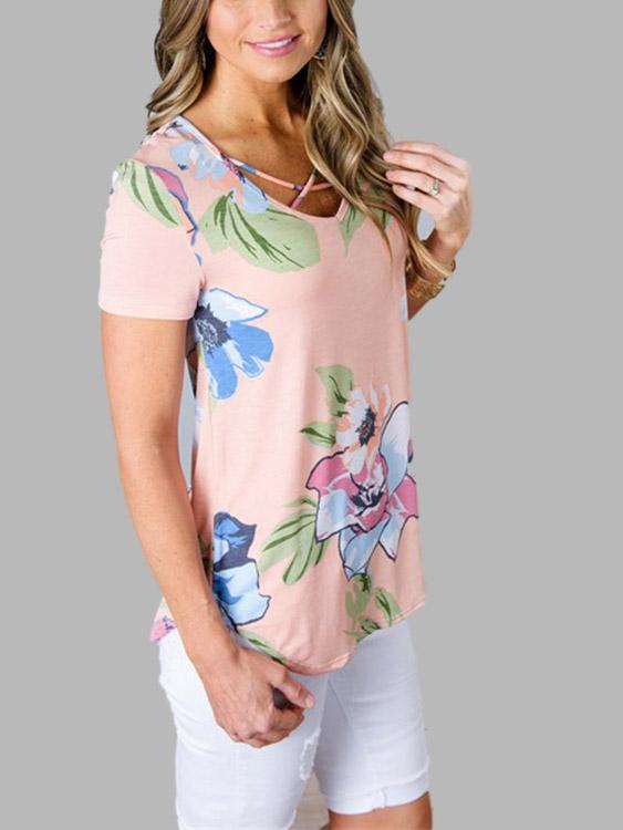 Round Neck Floral Print Crossed Front Short Sleeve T-Shirts