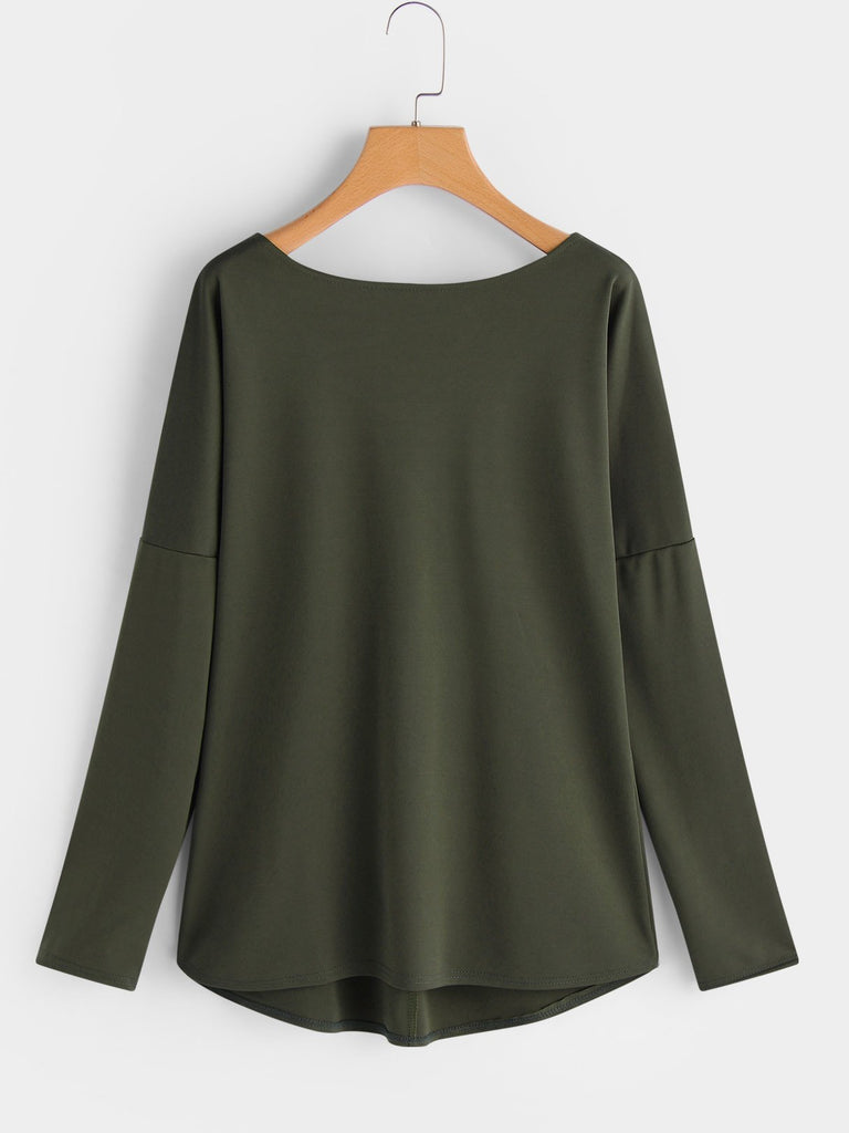 Crew Neck Plain Long Sleeve Army Green T-Shirts