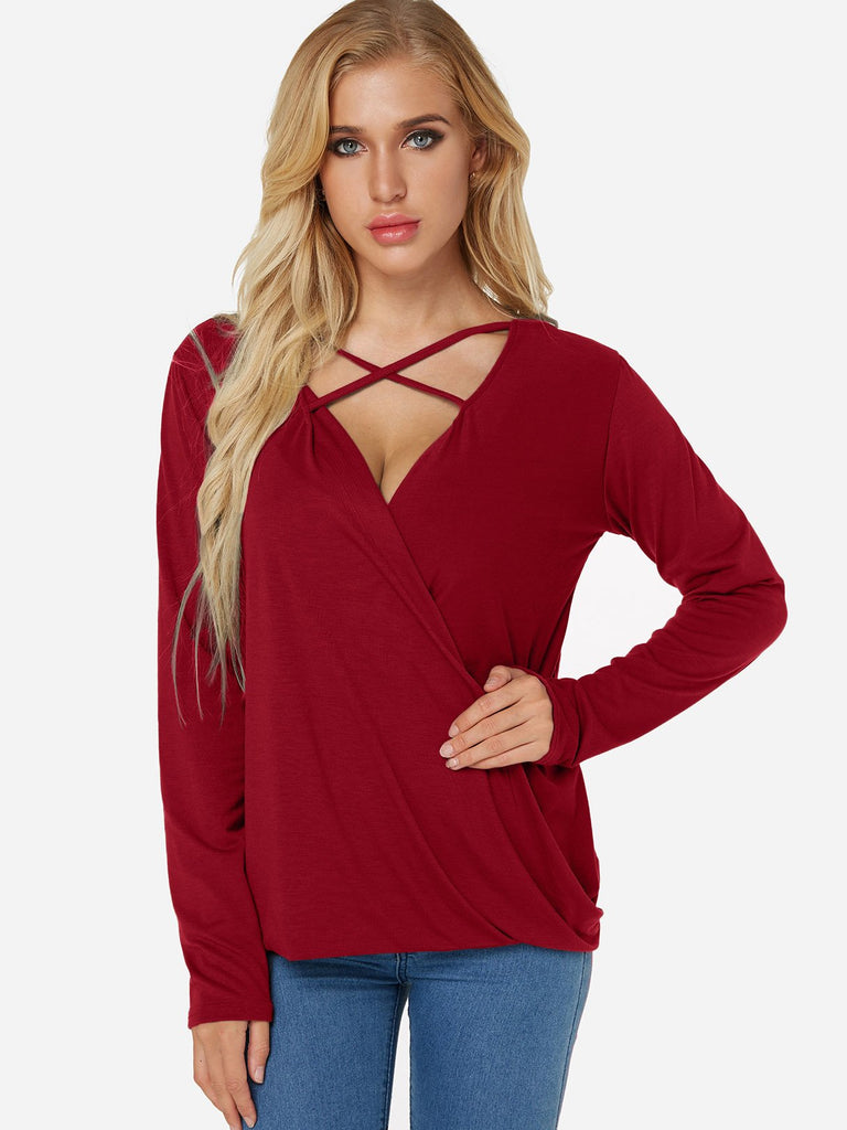V-Neck Plain Crossed Front Pleated Long Sleeve Irregular Hem Red T-Shirts