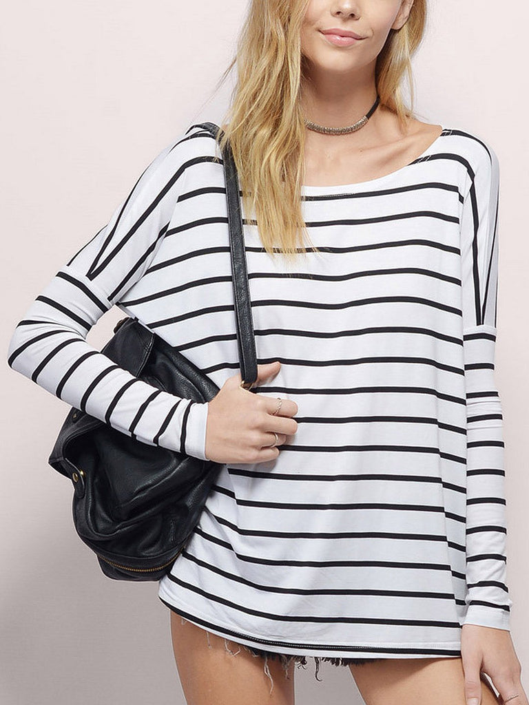 Crew Neck Round Neck Stripe Long Sleeve White Top