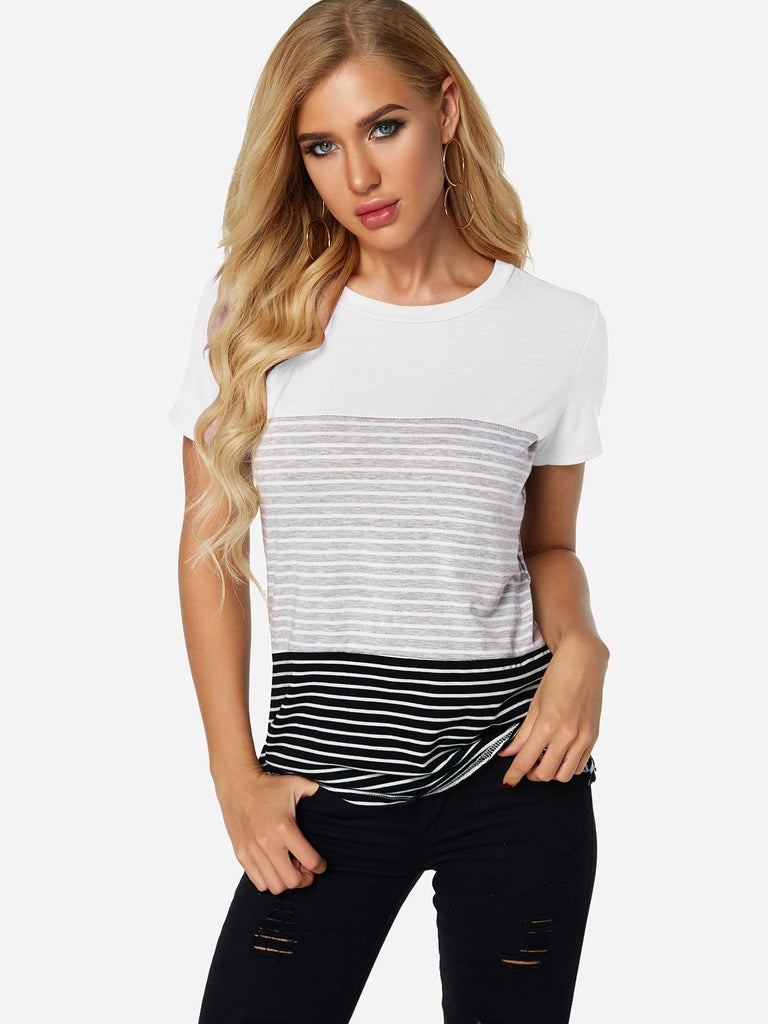 Crew Neck Stripe Short Sleeve White T-Shirts