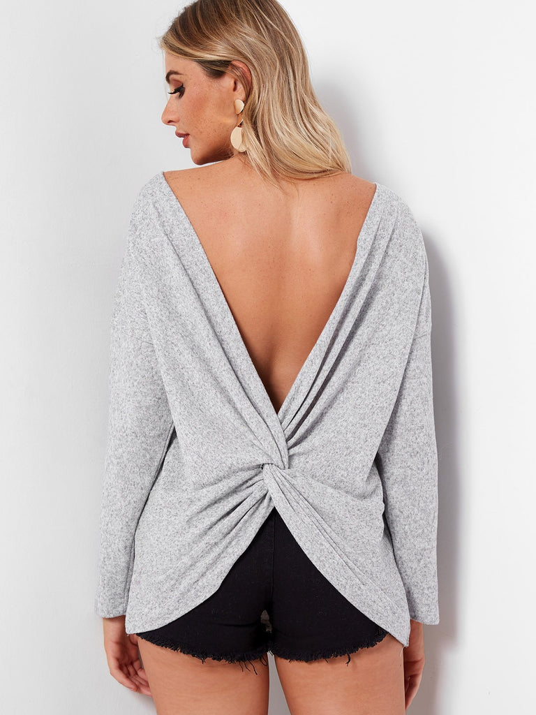 Round Neck Crossed Front Backless Long Sleeve Grey Top