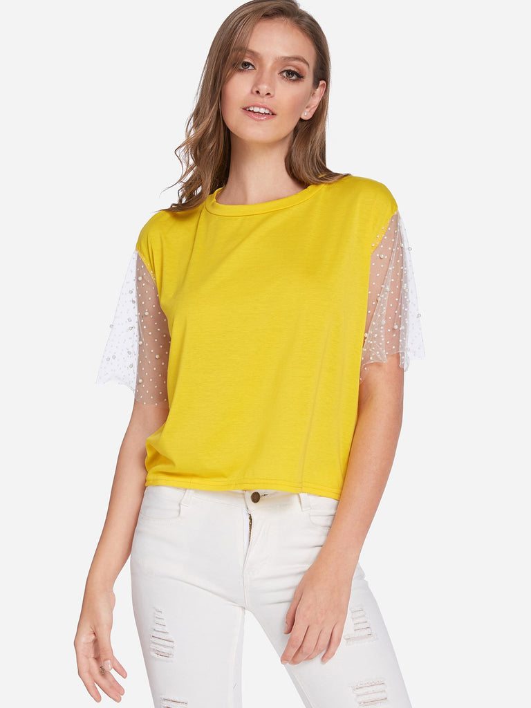 Round Neck Polka Dot Half Sleeve Yellow T-Shirts