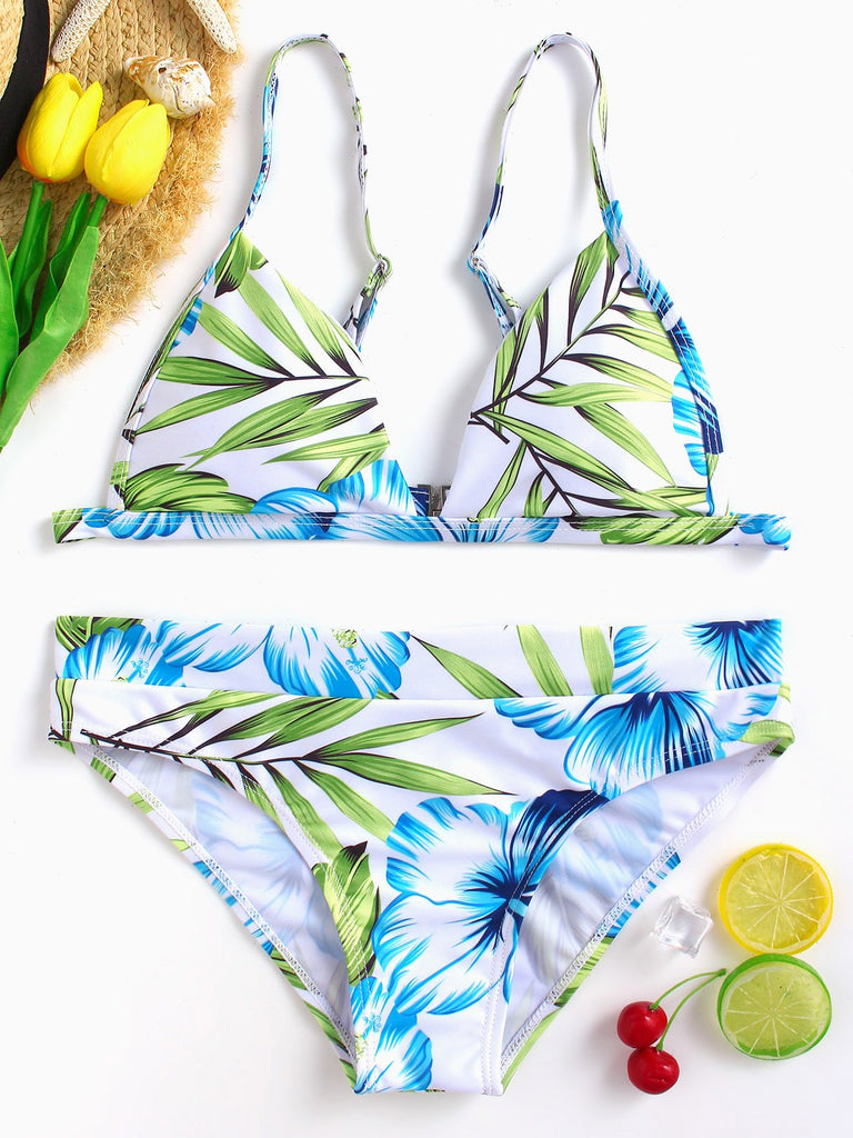 V-Neck Sleeveless Floral Print Backless Two Piece Bikinis