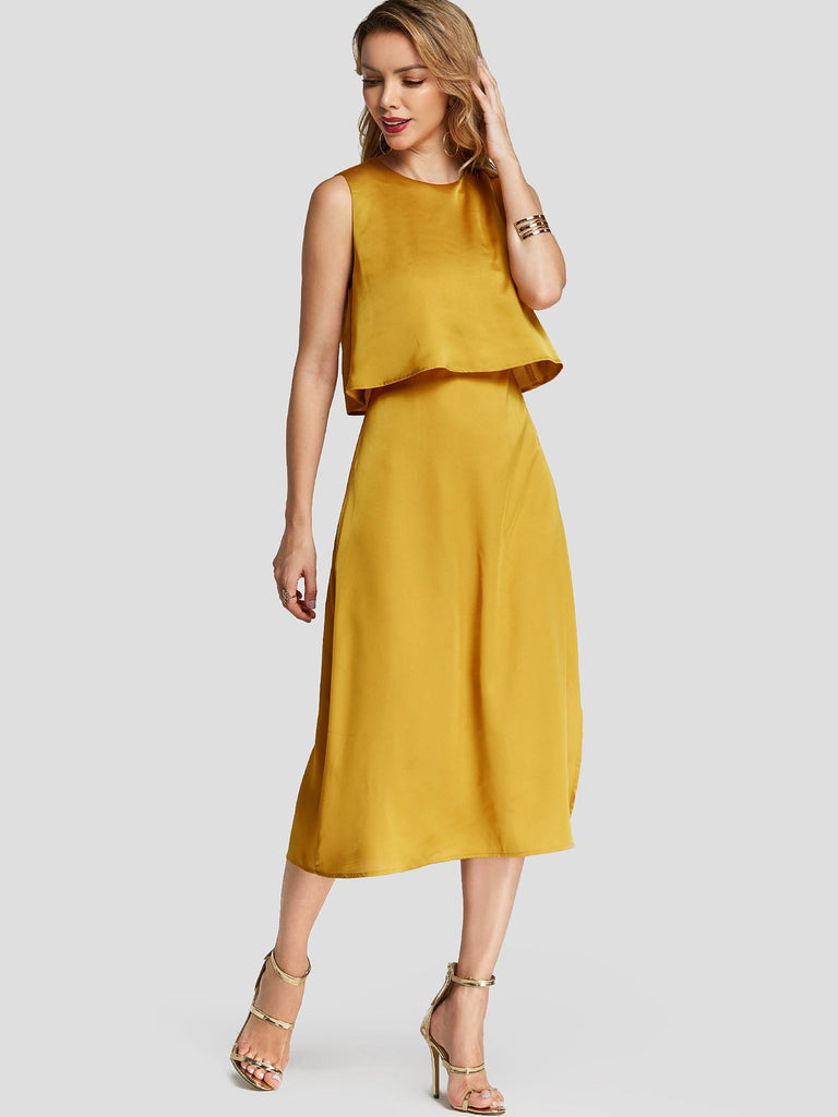 Yellow Crew Neck Sleeveless Plain Slit Hem Midi Dresses