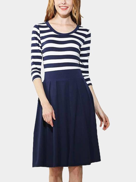 Blue Round Neck 3/4 Length Sleeve Stripe Midi Dress