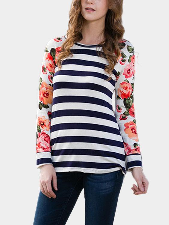 Round Neck Stripe Floral Print Long Sleeve T-Shirts