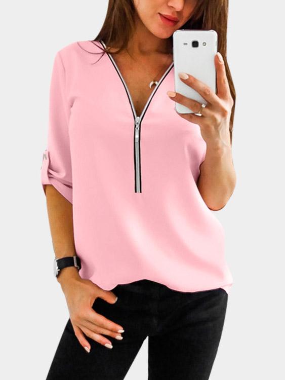 V-Neck Zip Back Long Sleeve Curved Hem Pink T-Shirts