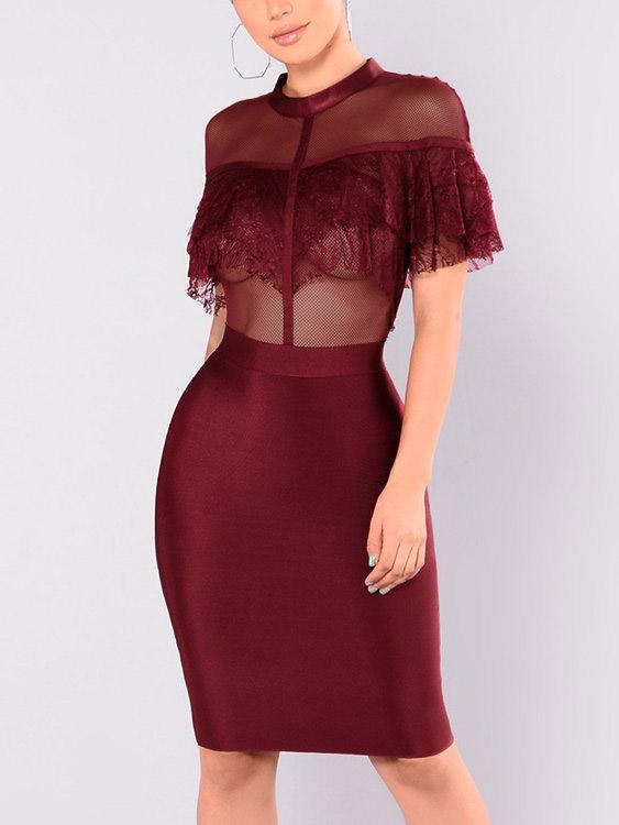 Round Neck Lace Short Sleeve Red Midi Dress