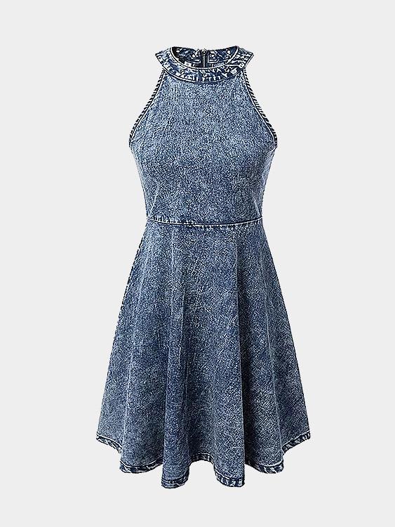 Blue Halter Sleeveless Plain Zip Back Midi Dress