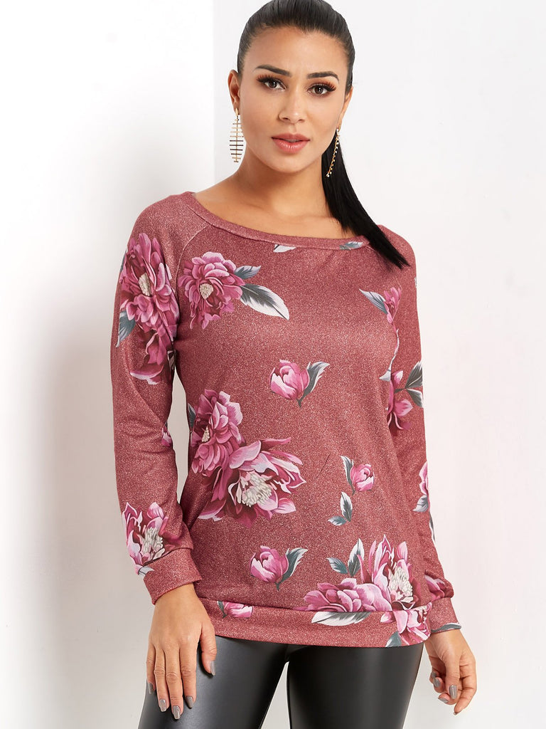 Round Neck Floral Print Long Sleeve Red T-Shirts