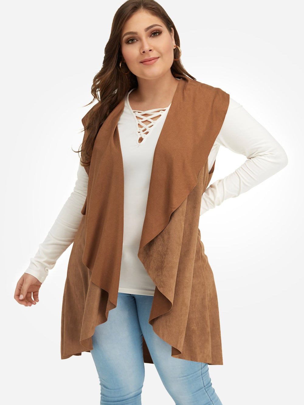 Plain Sleeveless Brown Plus Size Coats & Jackets