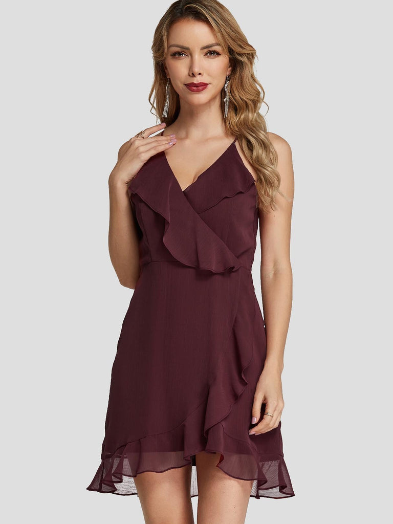 Wine Red V-Neck Sleeveless Plain Spaghetti Strap Wrap Flounced Hem Mini Dresses