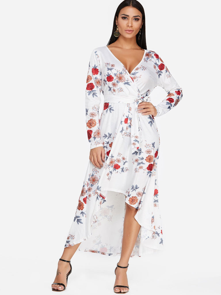 White Deep V Neck Long Sleeve Floral Print Crossed Front Slit Self-Tie High-Low Hem Dress