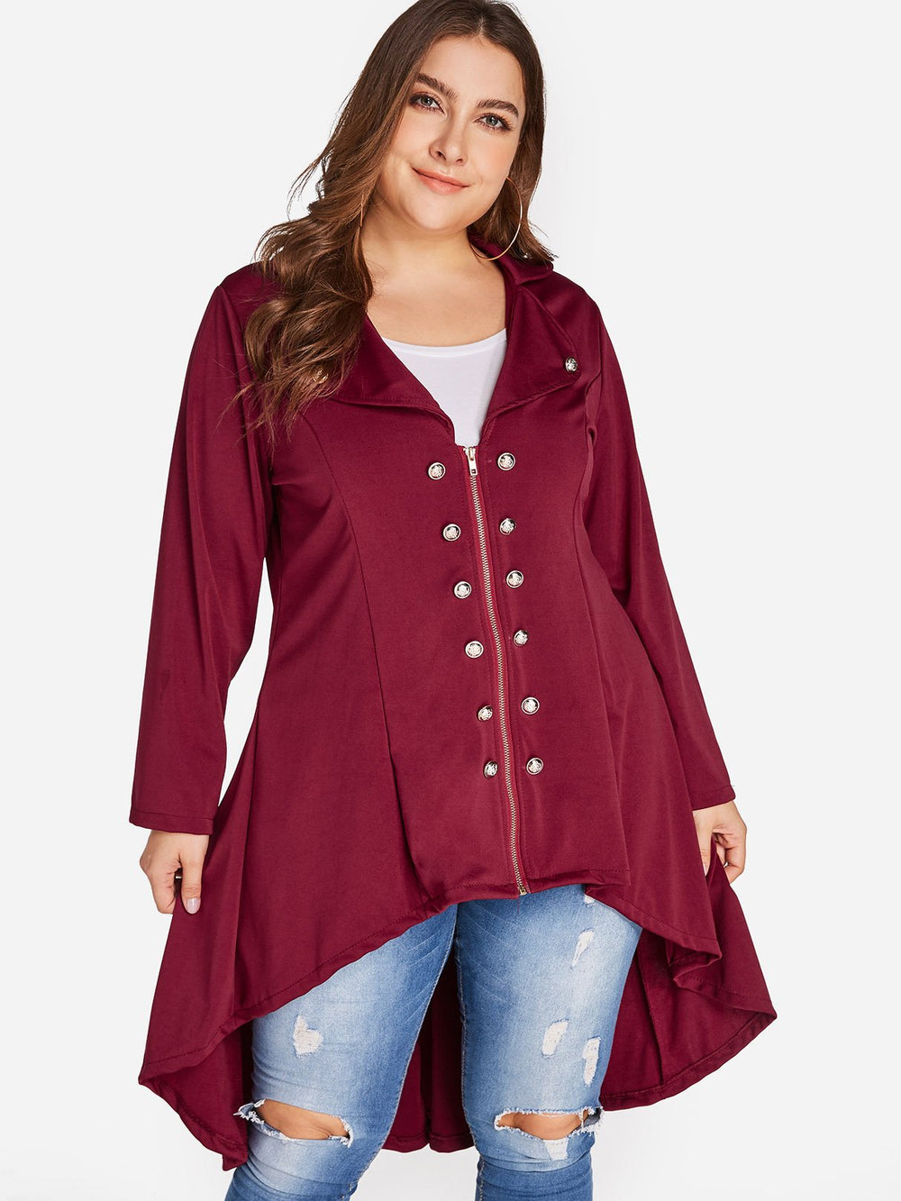 Lapel Collar Plain Zip Front Long Sleeve Burgundy Plus Size Coats & Jackets