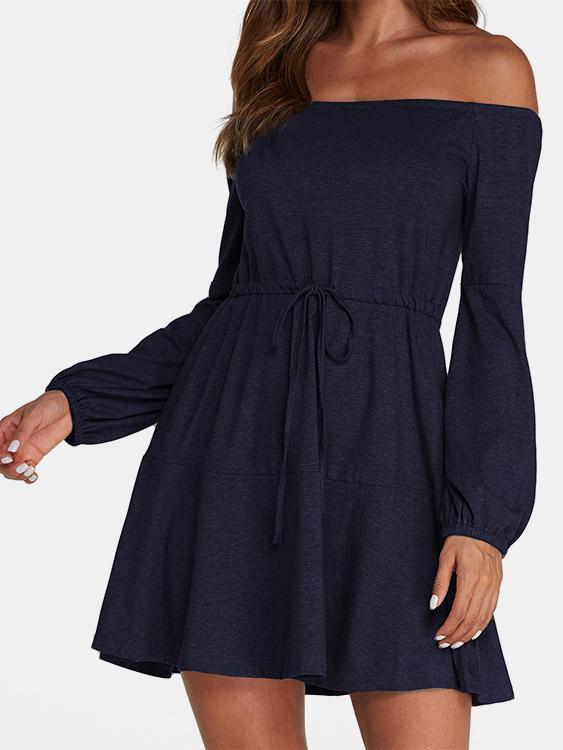 Navy Off The Shoulder Long Sleeve Plain Mini Dress