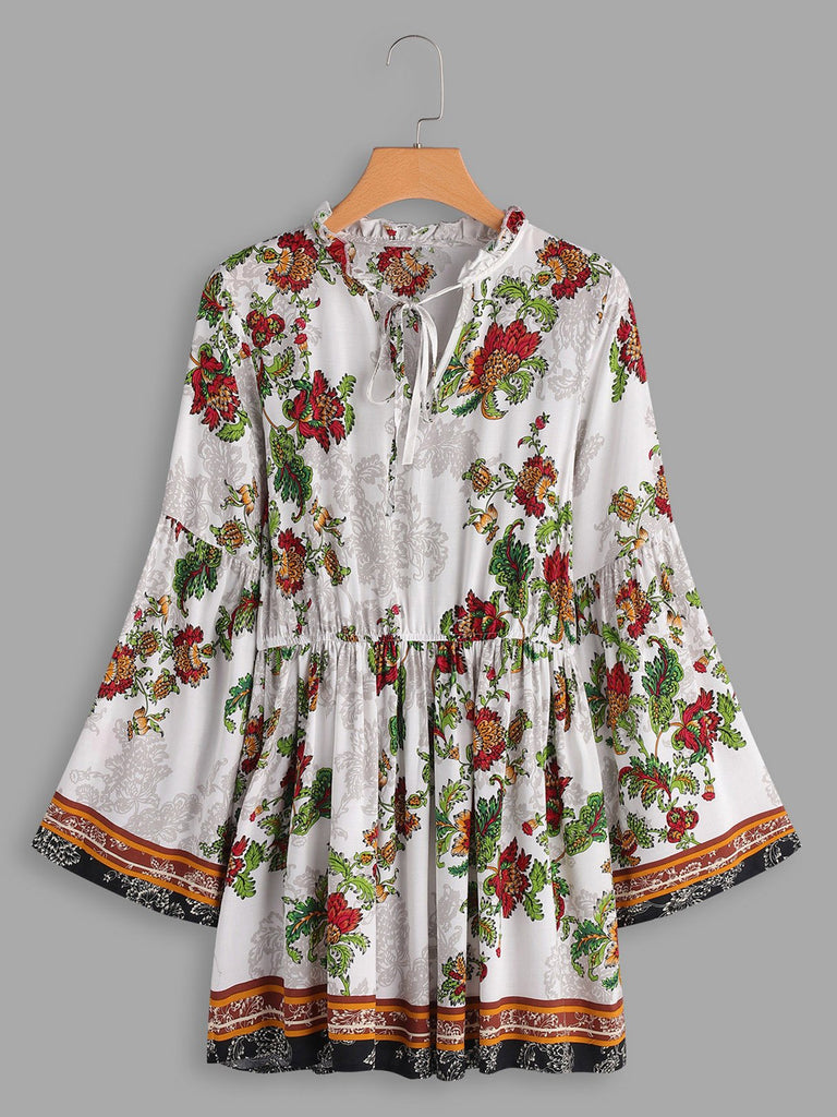 White V-Neck Long Sleeve Floral Print Ruffle Hem Dresses