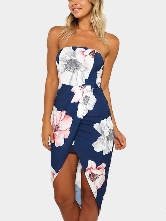 Off The Shoulder Sleeveless Floral Print Backless Irregular Hem Dress