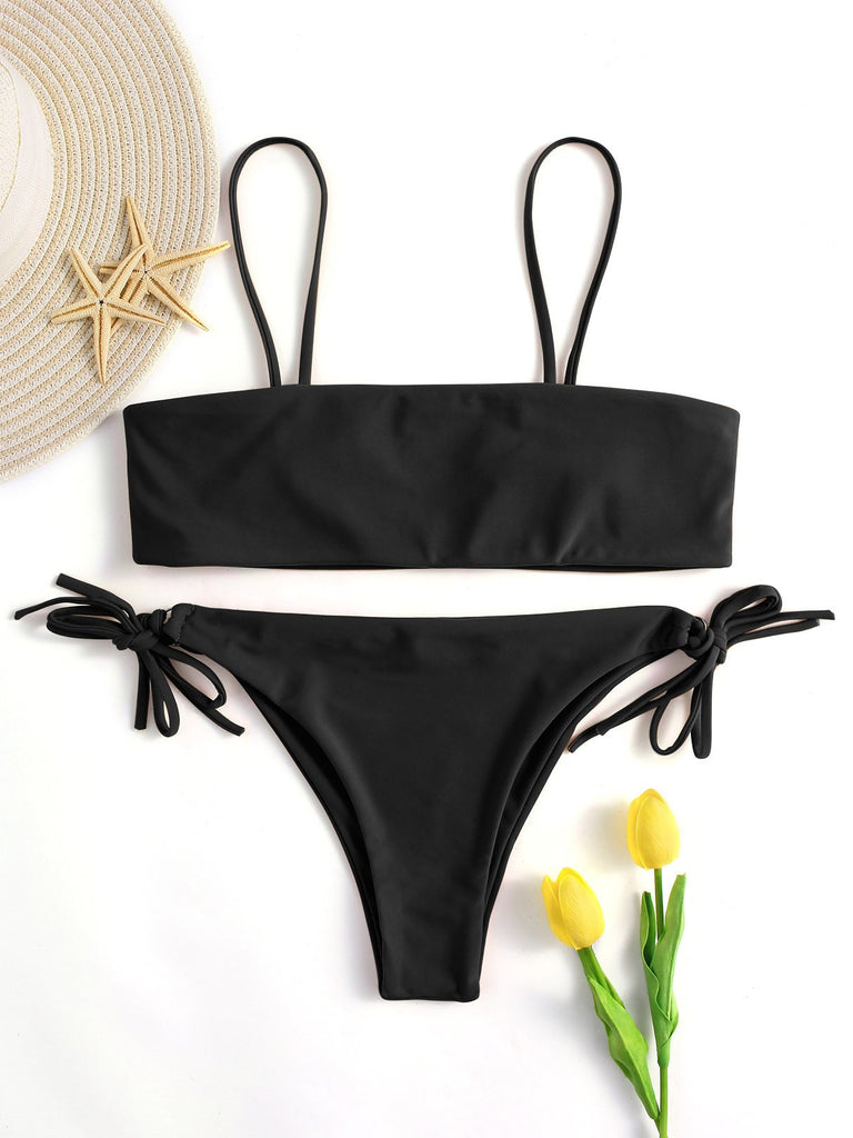 Black Tube Top Sleeveless Plain Spaghetti Strap Tie-Up Bikinis