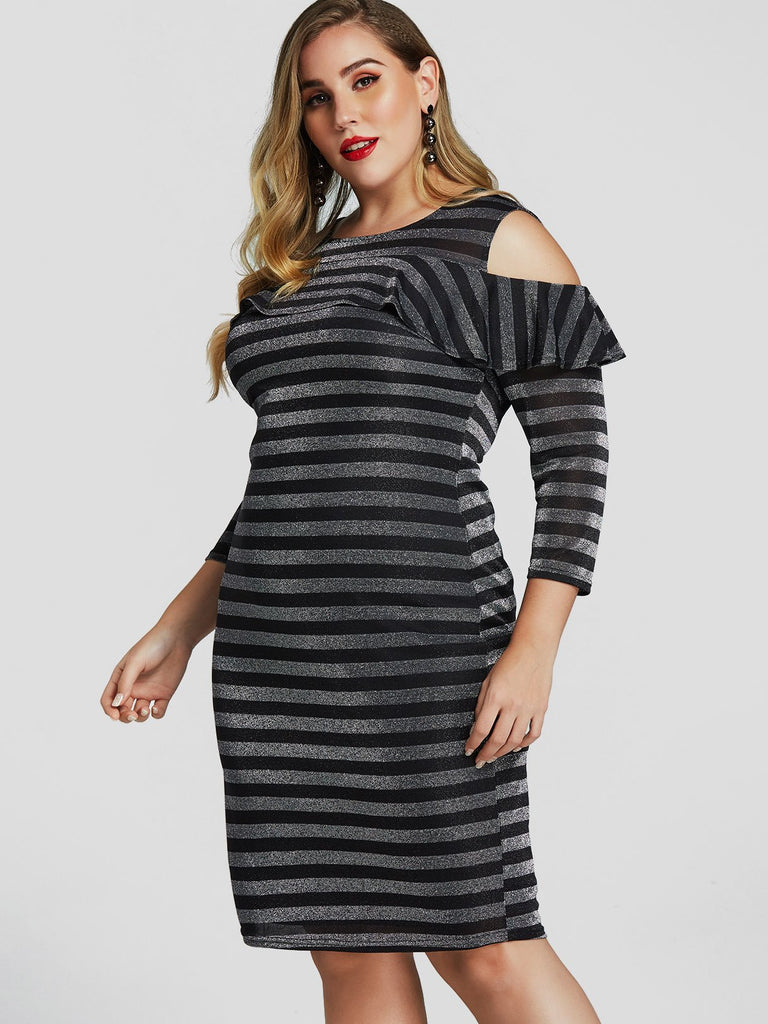 Round Neck Stripe Cut Out Long Sleeve Black Plus Size Dress