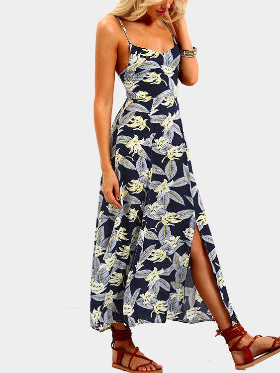 Sleeveless Floral Print Backless Lace-Up Slit Hem Maxi Dress