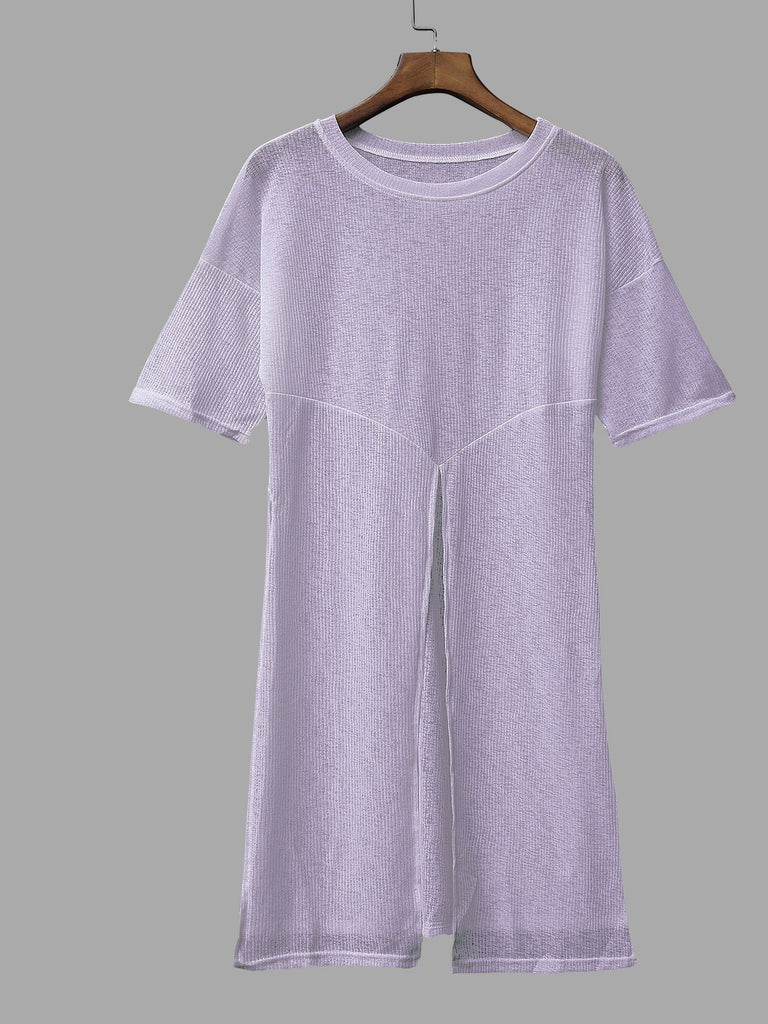 Round Neck Short Sleeve Slit Hem Grey Top
