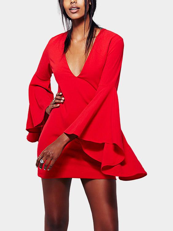 V-Neck Long Sleeve Red Sexy Dresses