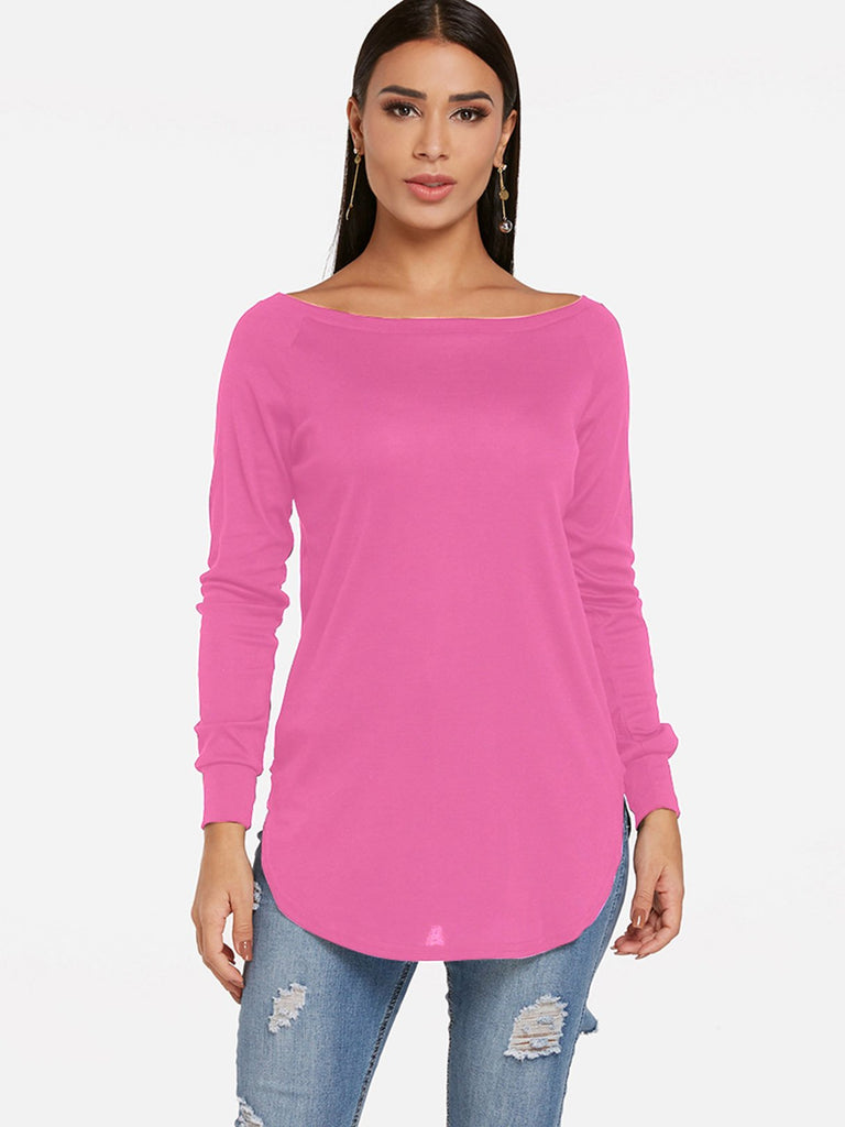 Round Neck One Shoulder Plain Long Sleeve Curved Hem T-Shirts