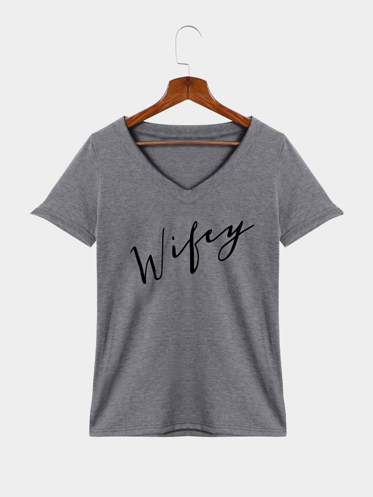 Round Neck Letter Grey T-Shirts