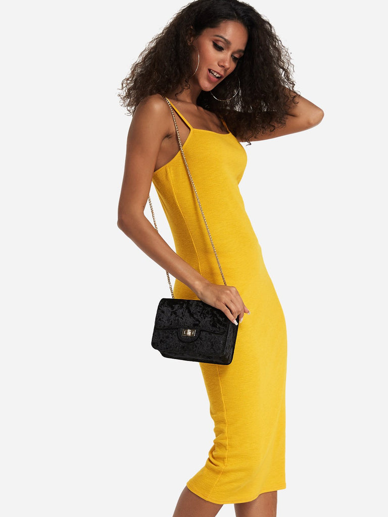 Yellow Sleeveless Plain Spaghetti Strap Bodycon Hem Midi Dress