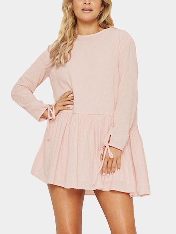 Pink Round Neck Long Sleeve Lace-Up Ruffle Hem Mini Dress