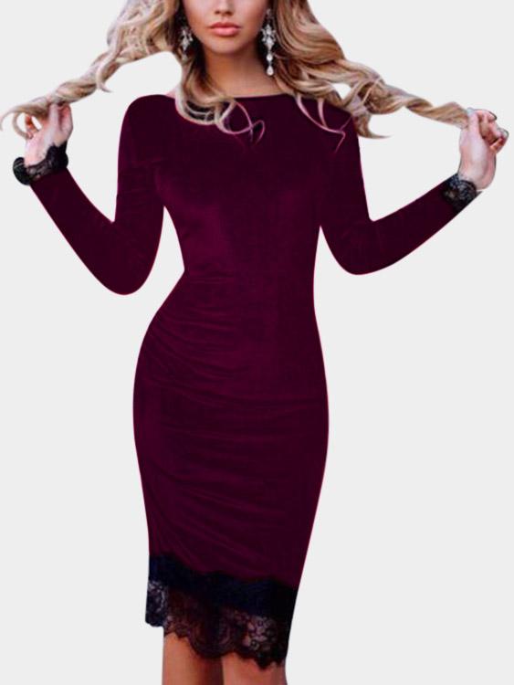 Burgundy Bateau Long Sleeve Lace Stitching Hem Midi Dress