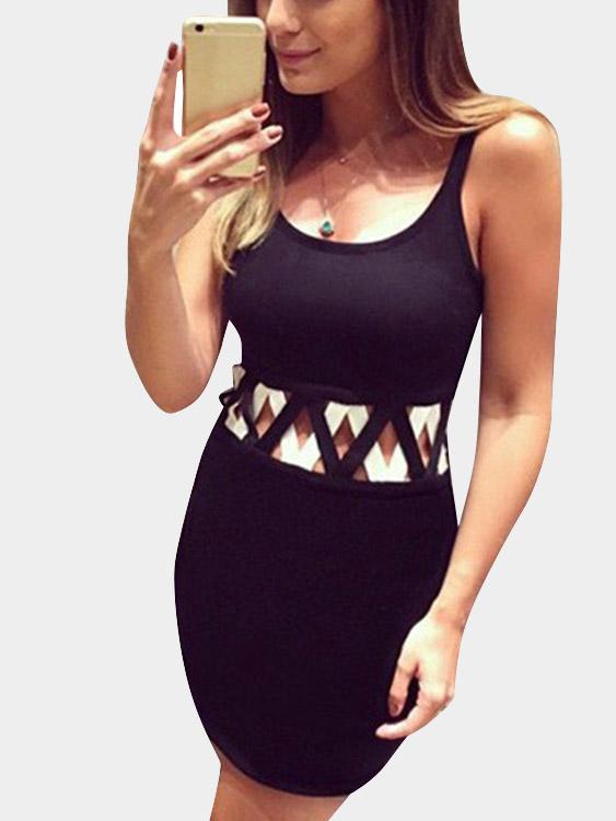 Contrast Color Sexy Bodycon Black Dresses With Cut-Out Details