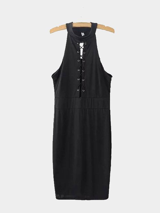 Crew Neck Lace-Up Sleeveless Bodycon Hem Black Midi Dress