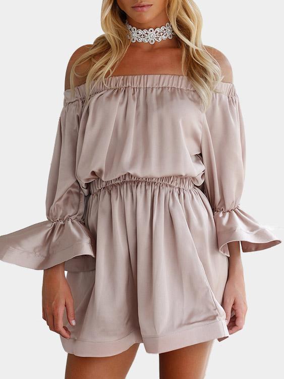 Khaki Off The Shoulder 3/4 Sleeve Length Ruffle Hem Mini Dress