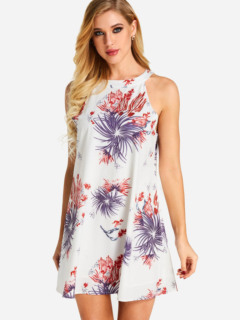 Crew Neck Halter Floral Print Cut Out Sleeveless Mini Dress