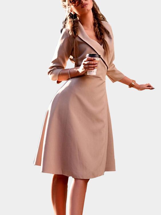 Beige V-Neck 3/4 Length Sleeve Plain Lace-Up Casual Dresses