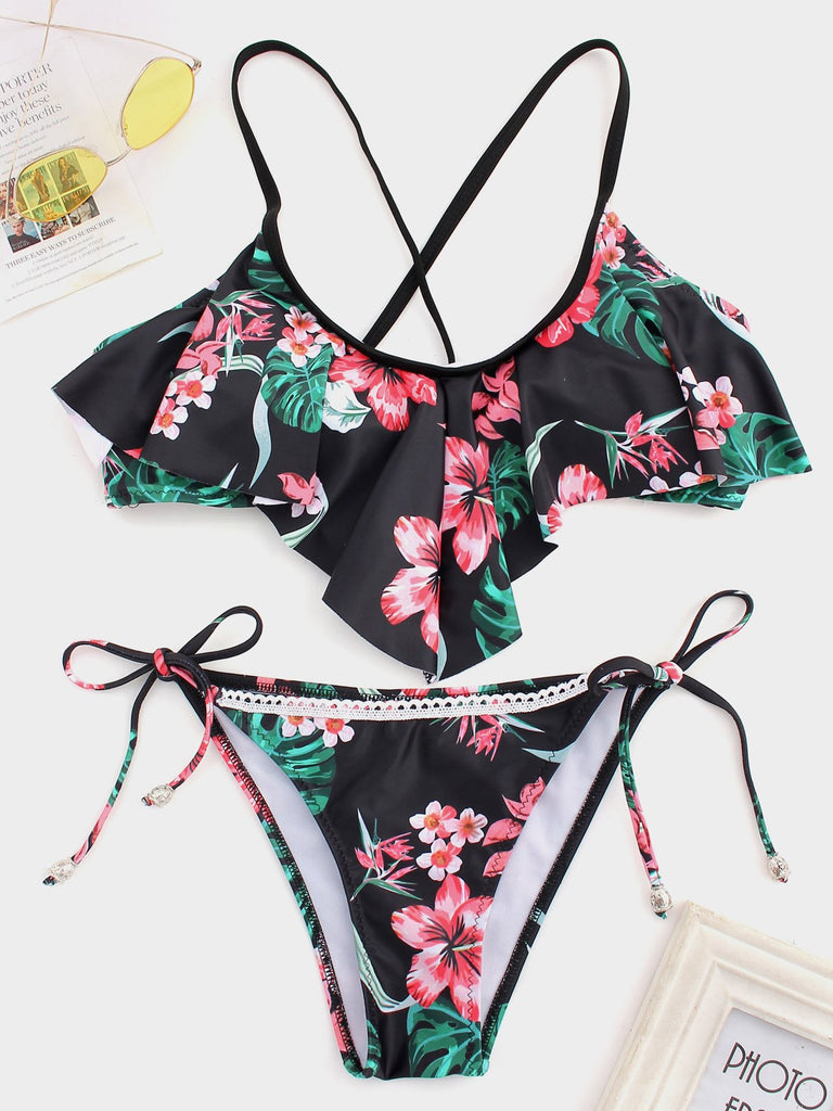 Round Neck Floral Print Criss-Cross Tie-Up Bikinis