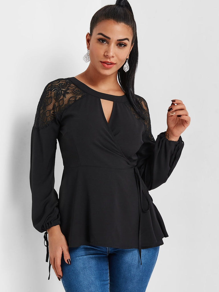 Round Neck Crossed Front Tie-Up Long Sleeve Black Blouses