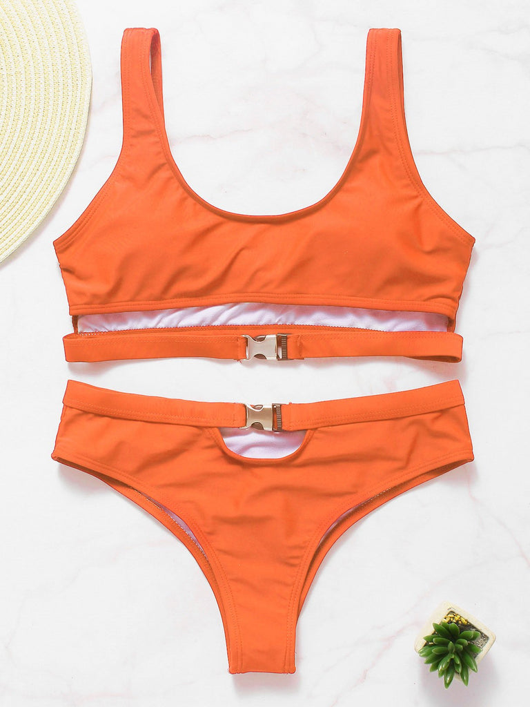 Orange Scoop Neck Plain High Waist 2 Piece Bikinis