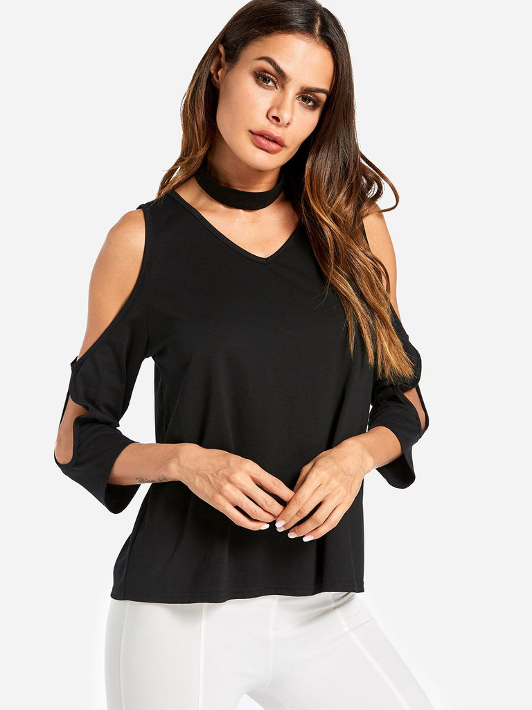 V-Neck Cold Shoulder Plain Cut Out Half Sleeve Black Top