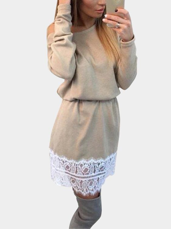 Khaki One Shoulder Long Sleeve Stitching Hem Mini Dress