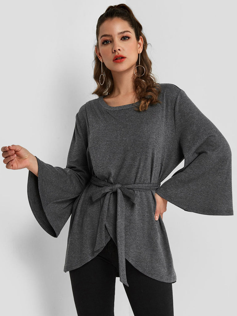 Round Neck Self-Tie Long Sleeve Grey Top