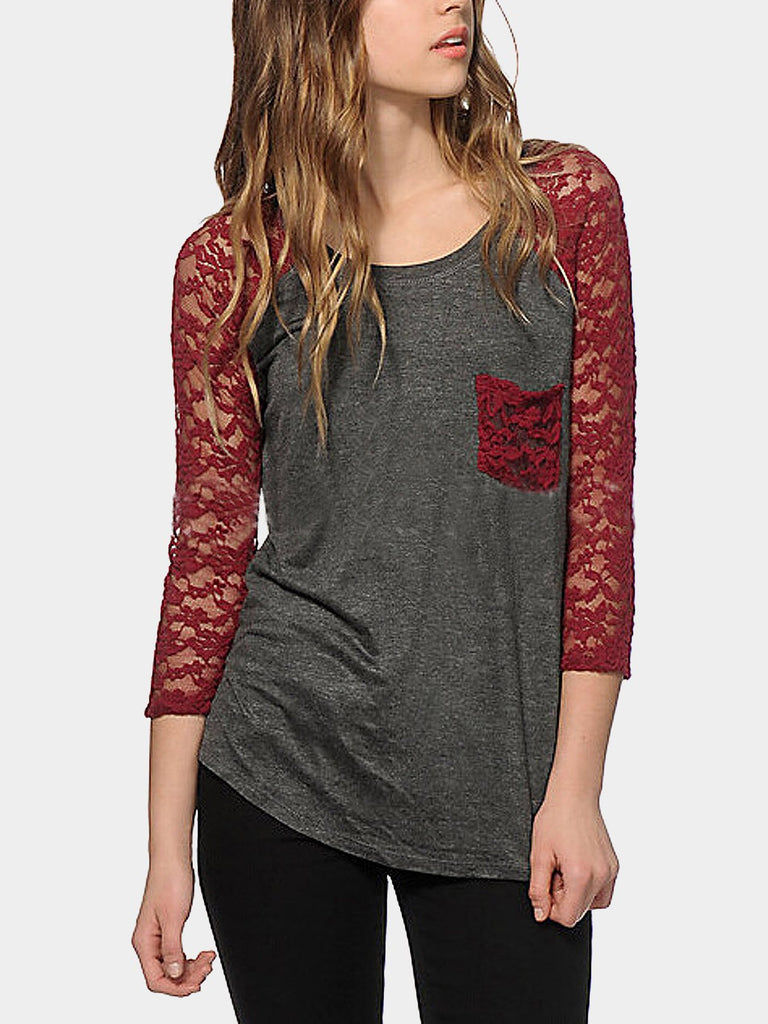 Round Neck Lace 3/4 Length Sleeve Red Top