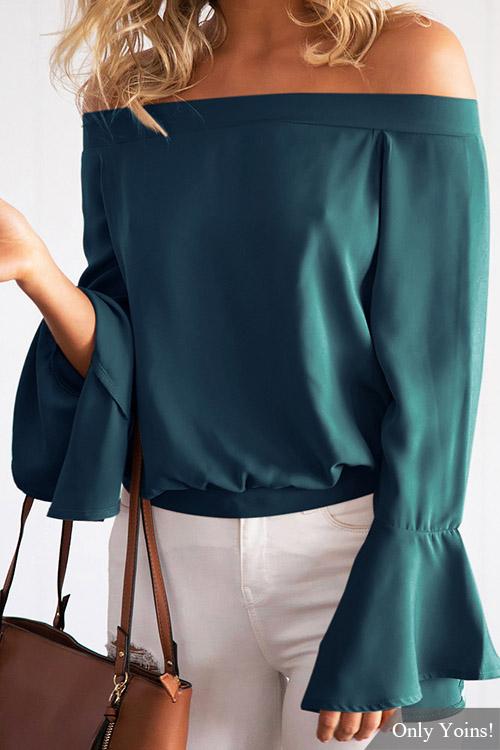 Off The Shoulder Plain Dark Green Blouses
