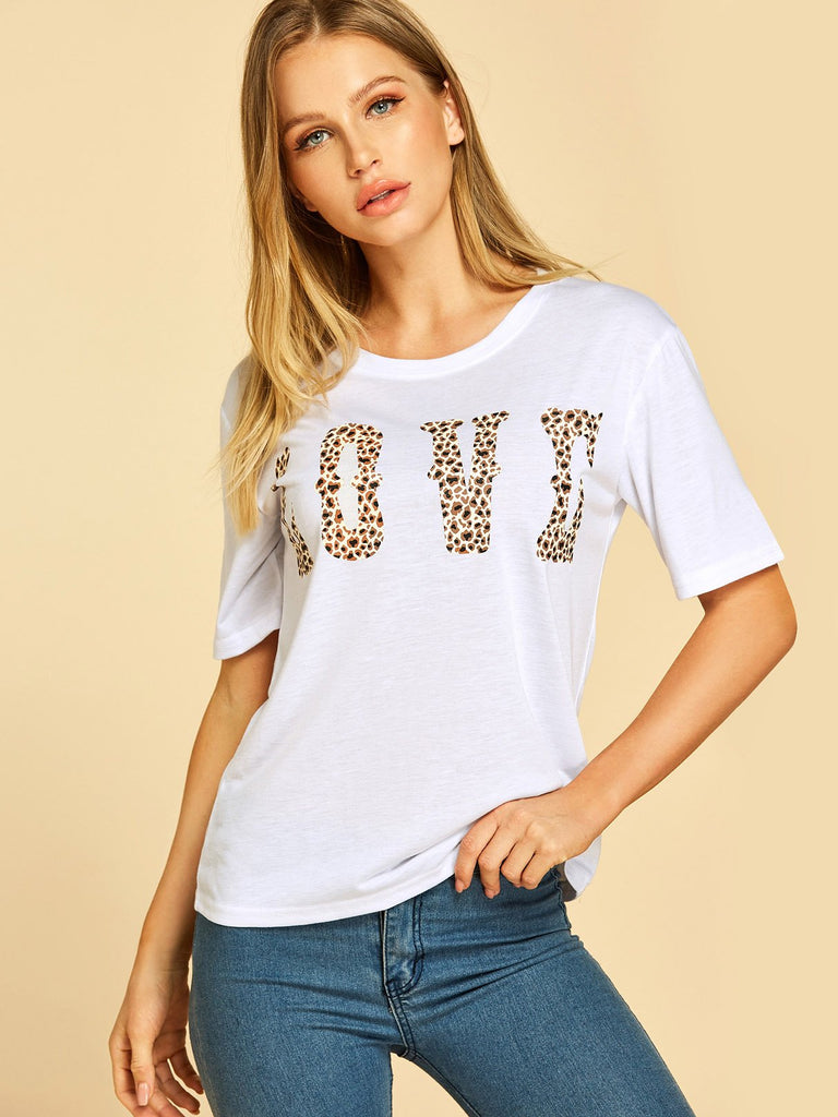 Round Neck Leopard Letter Half Sleeve White T-Shirts