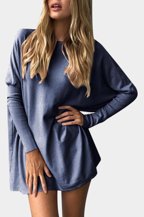 Blue Round Neck Long Sleeve Shirt Dresses