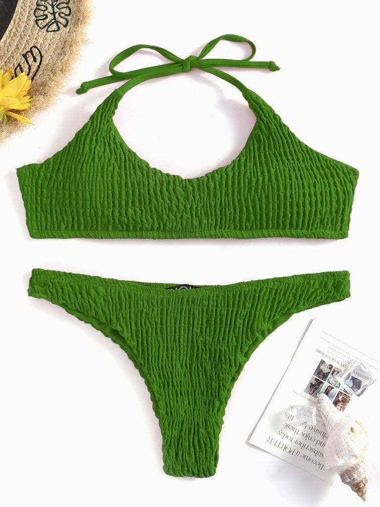 Green Scoop Neck Sleeveless Plain Backless Stitching Hem Two Piece Bikinis