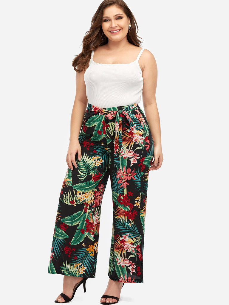 Floral Print Side Pockets Plus Size Bottoms