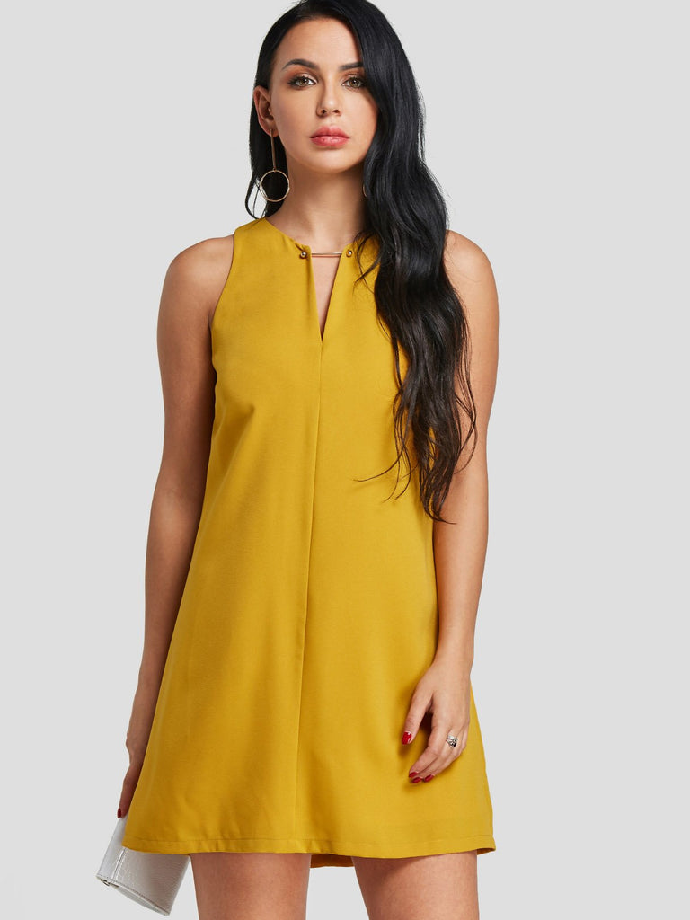 Yellow V-Neck Sleeveless Plain Slit Dresses